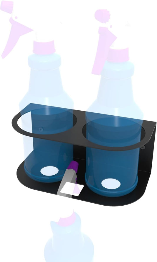 JINGCHENGMEI 2 Spray Bottles Holder, Steel Wall Mount Storage Organizer for All-Purpose at Garage and Home (SBH-2B1Pc)