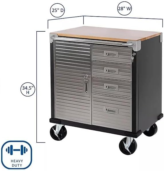Heavy Duty Rolling Storage Cabinet with Wheels and Drawers, Workstation for Garage, Office, Workshop, 1 Door, 4 Drawer (28" W x 25" D x 34.5" H), Graphite