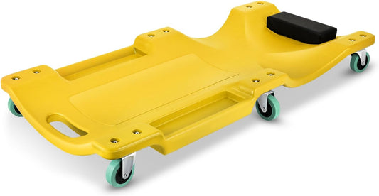 DNA MOTORING 40" L X 19" W Vehicle Repair Low Profile Plastic Rolling Garage Shop Creeper with Padded Headrest,Tool Trays & 6pcs Casters, Yellow, TOOLS-00217-YL