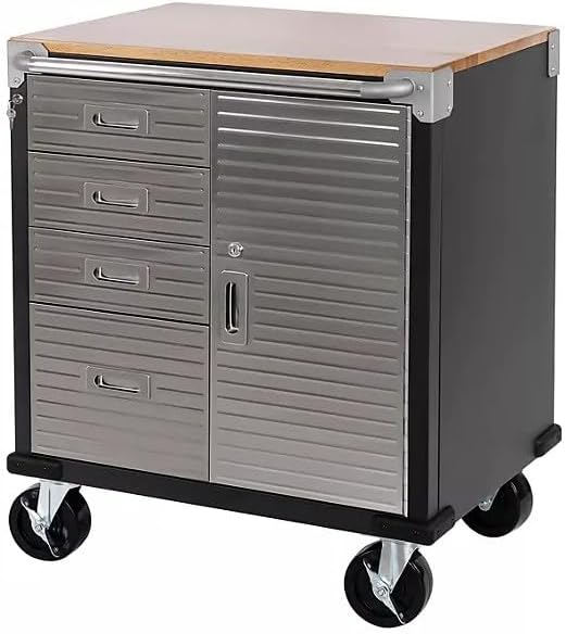 Heavy Duty Rolling Storage Cabinet with Wheels and Drawers, Workstation for Garage, Office, Workshop, 1 Door, 4 Drawer (28" W x 25" D x 34.5" H), Graphite