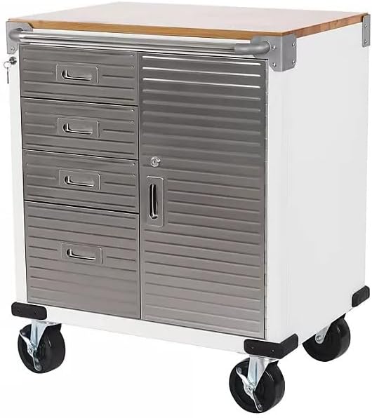Heavy Duty Rolling Storage Cabinet with Wheels and Drawers, Workstation for Garage, Office, Workshop, 1 Door, 4 Drawer (28" W x 25" D x 34.5" H), White