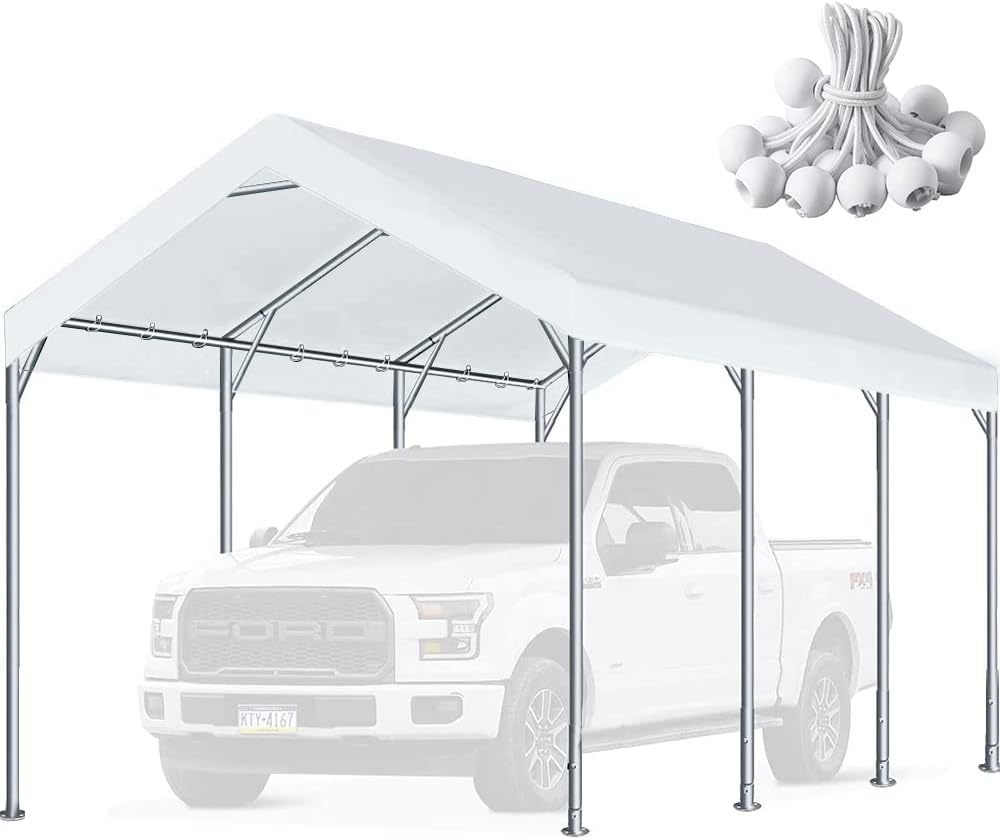 10'x20' Carport Replacement Top Canopy Cover for Car Garage Shelter Tent Party Tent with Ball Bungees White (Only Top Cover, Frame is not Included)