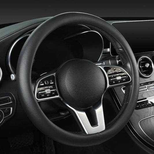 Cowhide Steering Wheel Cover Heat Resistant Anti-Slip Car Wheel Wrap Compatible with Most Makes and Models of Cars and Trucks with 14.5 to 15 Inch Steering Wheel (Black-1)