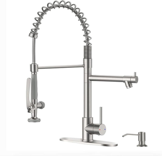 Fapully Commercial Pull Down Kitchen Sink Faucet with Sprayer Brushed Nickel Single Handle Faucets for Kitchen Sink, Kitchen Faucet with Soap Dispenser and Deck Plack for 4 Hole
