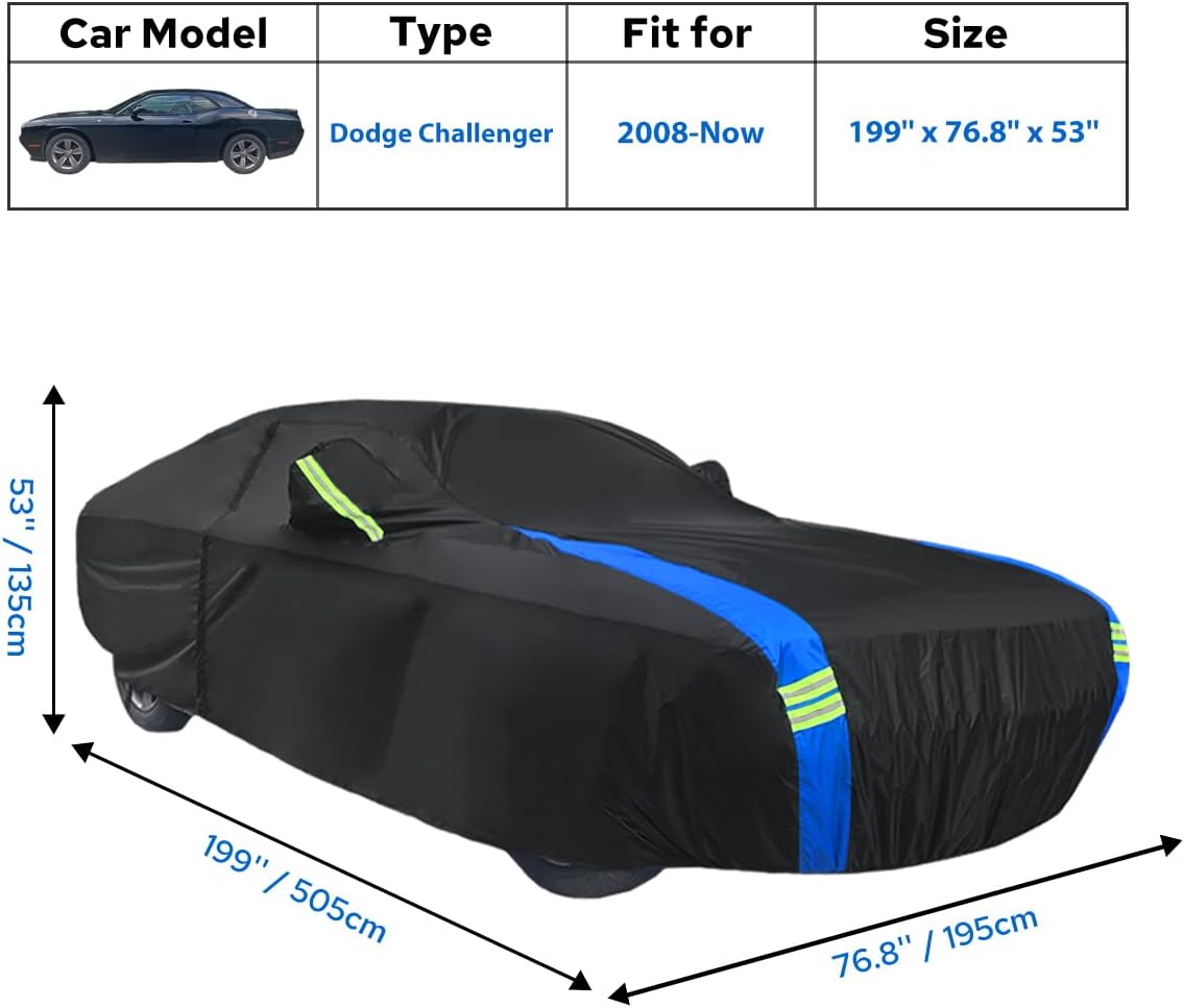Avecrew Car Cover Waterproof All Weather for Dodge Challenger Automobiles, Outdoor Full Exterior Covers Fit 2008-2025 for Dodge Challenger with Windproof Strap