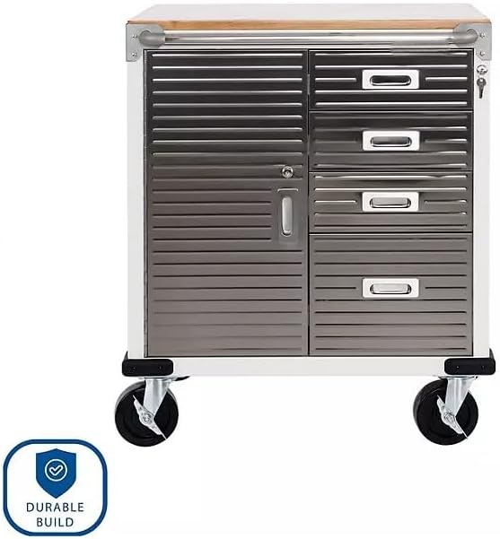 Heavy Duty Rolling Storage Cabinet with Wheels and Drawers, Workstation for Garage, Office, Workshop, 1 Door, 4 Drawer (28" W x 25" D x 34.5" H), White