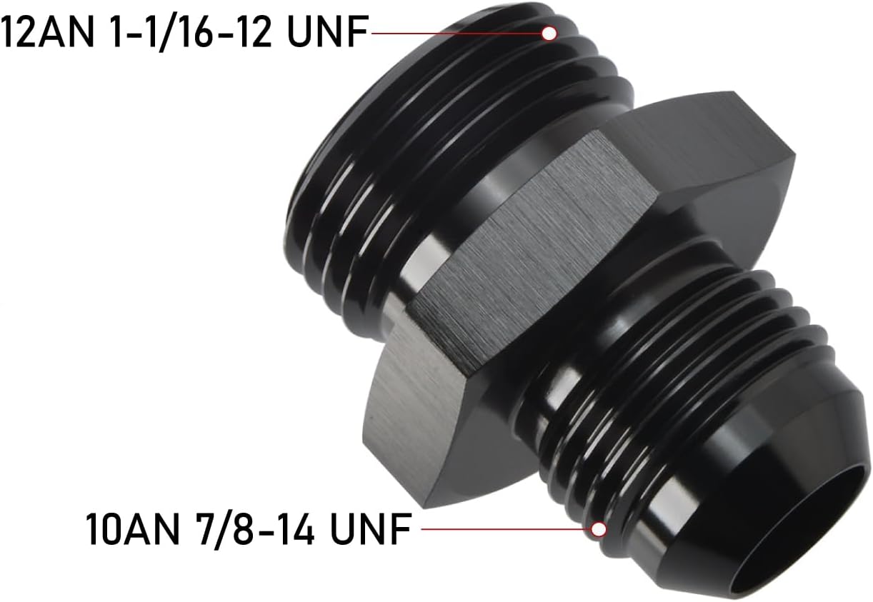 10AN Male Flare to 12AN ORB O-ring Boss Fuel Pump Rail Adapter Fitting Aluminum Black, Pack of 2
