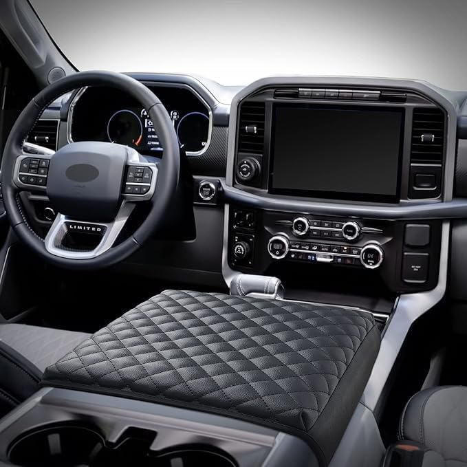 KMMOTORS F150(2021-2025) Center Console Cover, Thick Armrest Cushion, Funda para consola de coche, Car Interior, Vegan Leather, Armrest Protector (2021~2025, Full Cover Black), F150 Accessories