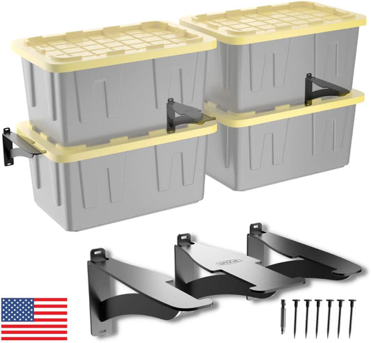 Koova Wall Mounted Tote Rack Storage System, Fits 27-Gallon Black and Yellow Commander Style Bins, Wall Mount Bracket Shelves for Garage Organization, Heavy Duty Steel, Made in USA (3-Piece Set)