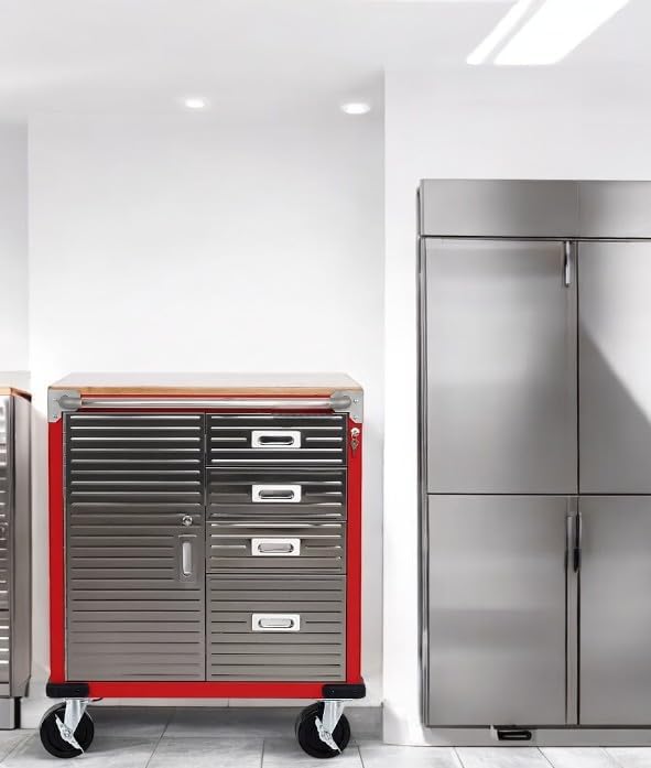 Heavy Duty Rolling Storage Cabinet with Wheels and Drawers, Workstation for Garage, Office, Workshop, 1 Door, 4 Drawer (28" W x 25" D x 34.5" H), Red