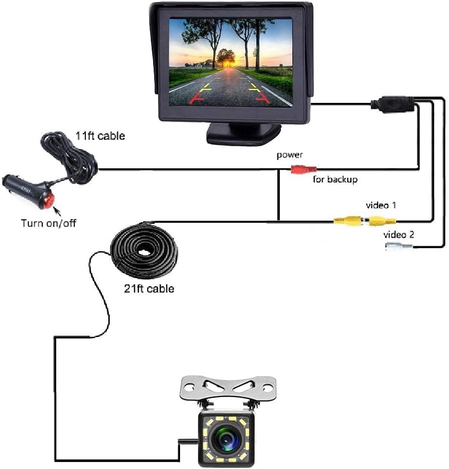 Back Up Camera with 4.3 Inch Monitor Kit, Reverse Rear View Camera for Trucks, Pickups, Suvs, RVs, Easy Install IP68 Waterproof Night Vision with Parking Guidelines,12 LED Rear View Monitor for 12V