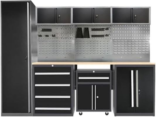 JZD Garage Storage Cabinet System, Lockable Tool Workbench Set for Workshop, Rolling Chest Included, Wall Mounting Not Necessary