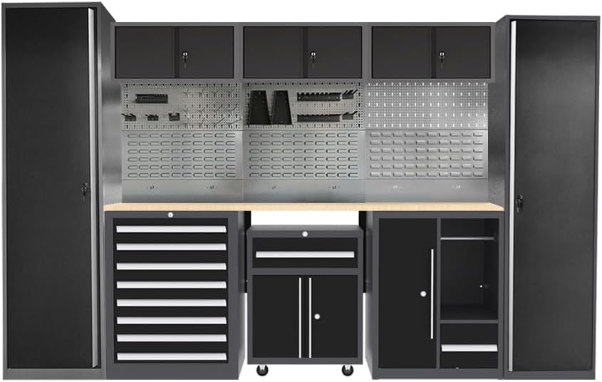 Steel Garage Workbench with Storage and Cabinets, Tool Organization, for Utility Room Workshop, Black and Grey