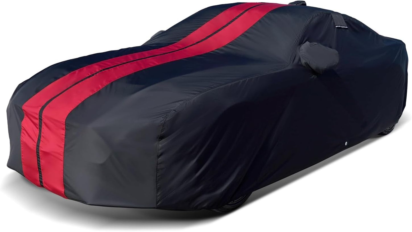 iCarCover Custom Car Cover for Pontiac Tempest (1987-1991) Waterproof All-Weather Rain Snow UV Sun Protector Full Exterior Indoor Outdoor Car Cover (Stripe - Black/Red)