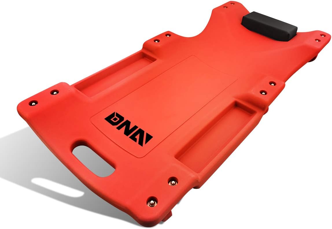 DNA MOTORING 40 Inch Mechanic Creeper, Blow Molded Low Profile Rolling Garage Creeper, w/Padded Headrest, Dual Tool Trays, 350lbs Capacity, Red, TOOLS-00005