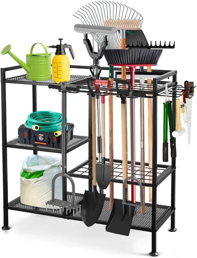 Garden Tool Organizer for Garage, 3 Tiers Garden Tool Holder with Large Tool Slots & Small Tool Hooks, Large Capacity Yard Tool Storage, Heavy Duty Metal Tower Rack for Lawn Garage Shed