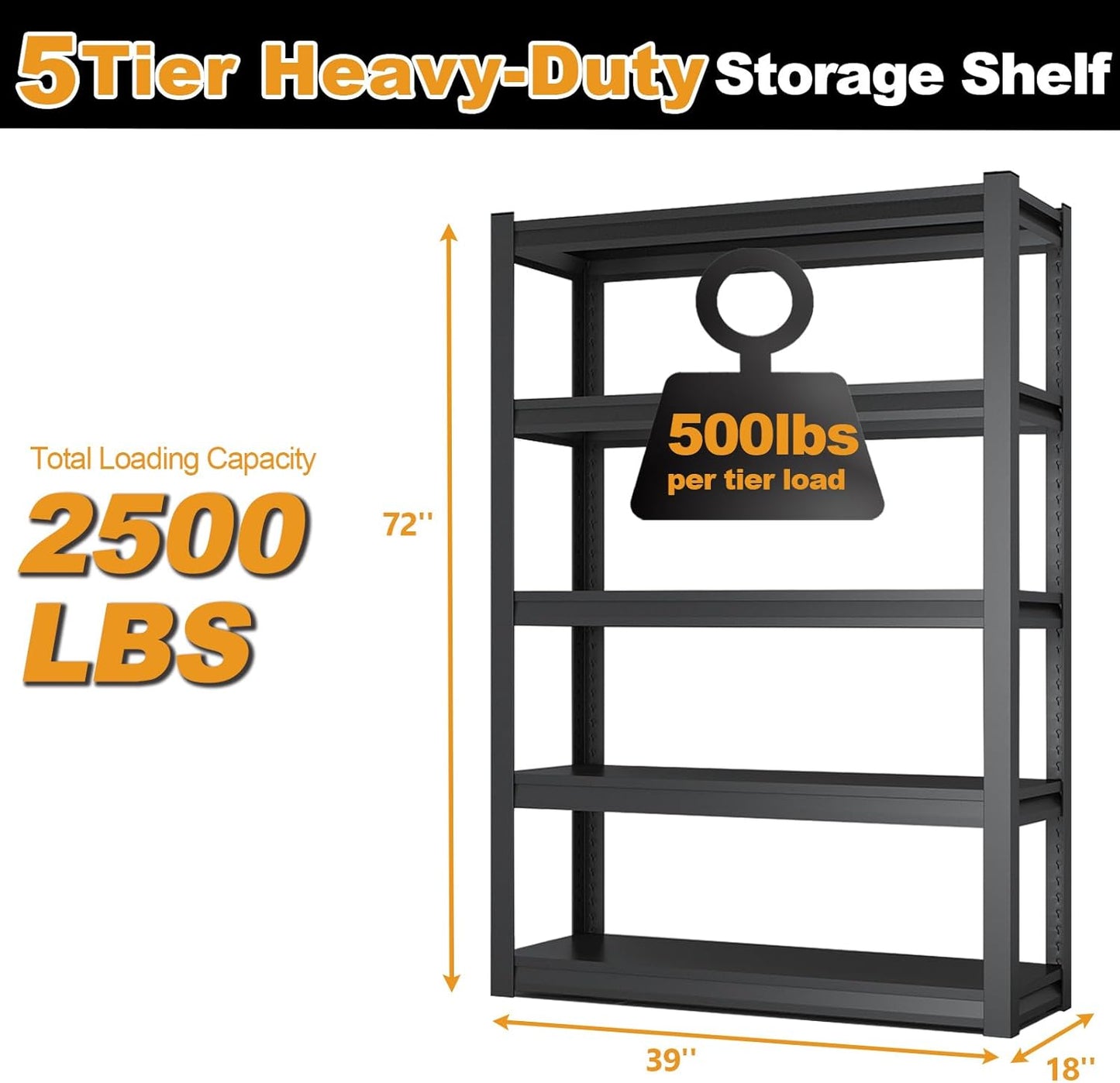 72H Metal Kitchen Storage Shelves, 2500 LBS Heavy Duty Garage Shelving Unit, 5-Tier Adjustable Pantry Shelves, Food and Beverage Storage Rack, Appliance Storage Utility Shelf for Balcony - Black