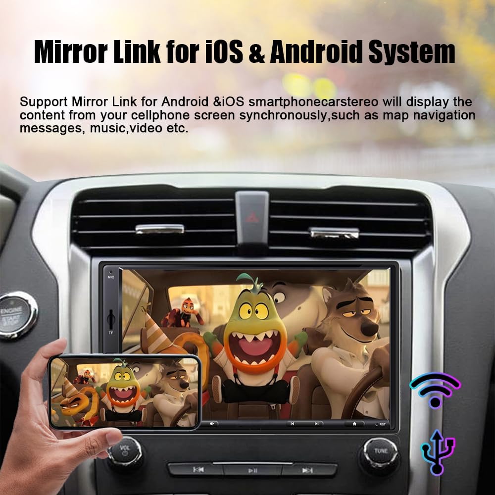7 Inch Double Din Car Stereo with Wireless Apple Carplay & Android Auto Navi Radio Head Unit with Touch Screen Bluetooth AM/FM Receiver/Mirror Link/Backup Camera/TF/AUX/USB Input
