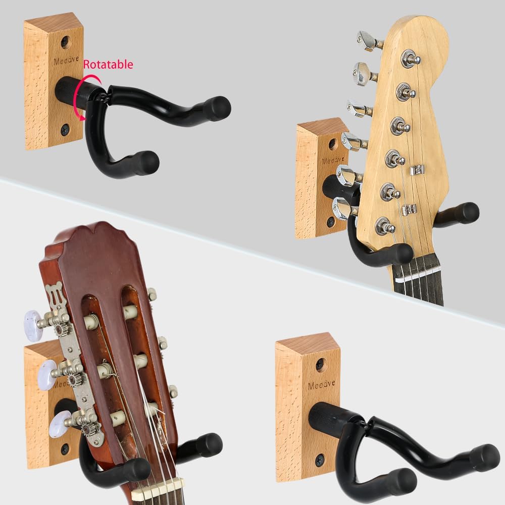 Guitar Wall Mount Hanger, 4-Pack Real Hardwood Guitar Hanger for Wall, Guitar Hook Holder Stand for Bass Electric Acoustic Guitar Ukulele (Beech Wood)