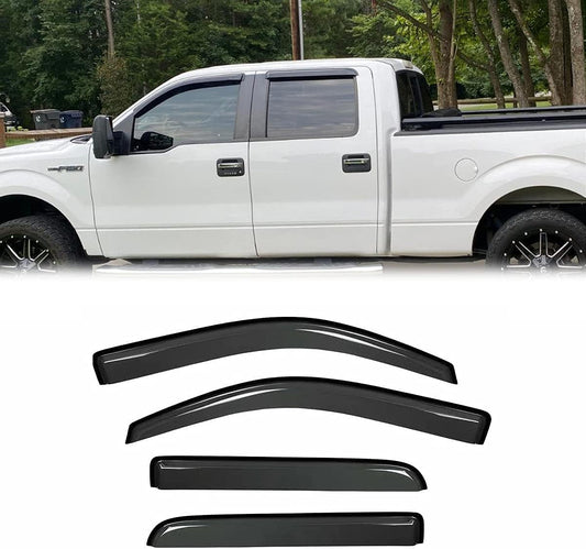 94155 Side Window Wind Visor Vent Deflector fit for Ford F-150 2009-2014 SuperCrew/Crew Cab, 4pcs Out-Channel Tape On Dark Smoke Nice Sun Rain Guards Set
