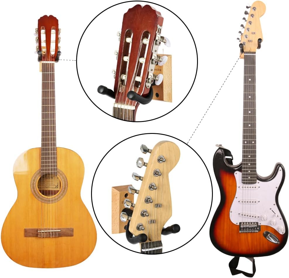 Guitar Wall Mount Hanger, 4-Pack Real Hardwood Guitar Hanger for Wall, Guitar Hook Holder Stand for Bass Electric Acoustic Guitar Ukulele (Beech Wood)