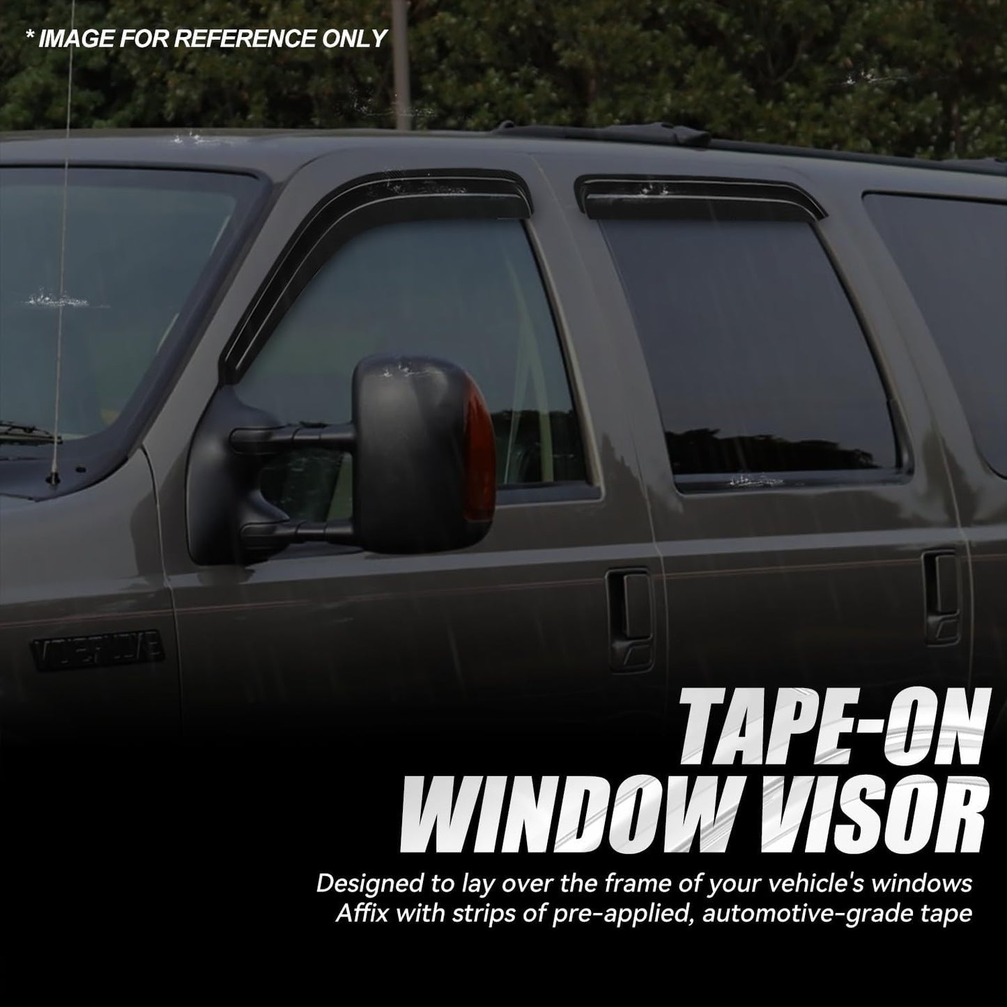 Auto Dynasty 4Pcs Carbon Fiber Pattern Window Visors Compatible with 2000-2005 Ford Excursion, Tape-On Front & Rear Window Deflectors Rain Guards Sun Wind Air Side Vent Shade, Glossy Black