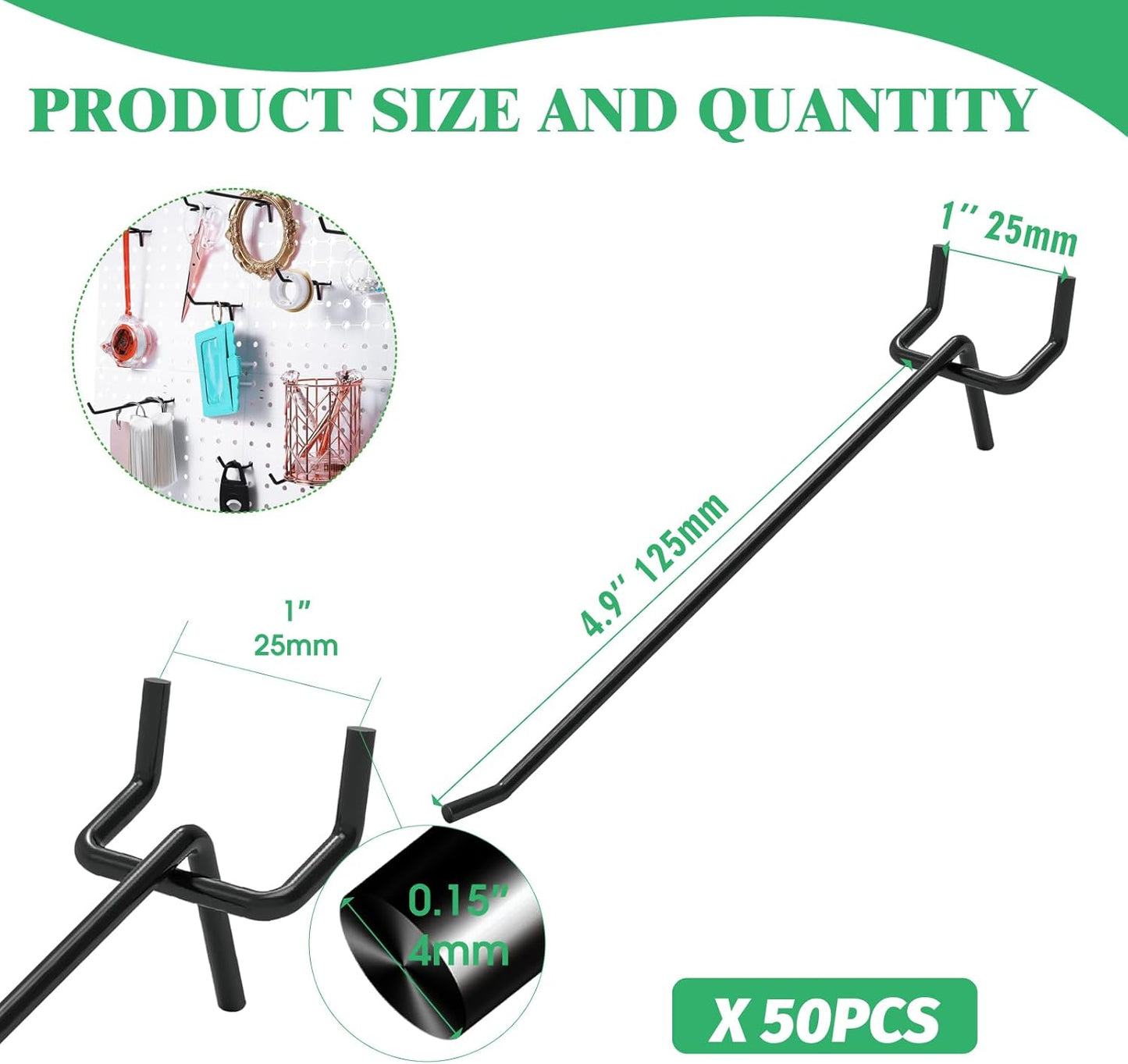 50Pcs 6"/15CM Pegboard Hooks Assortment Set, Metal Peg Board Hooks with 2.5mm Hole Pitch 4mm Wire Diameter Slatwall Hanging Hook for Garage Organization Wall Hanging (Black)