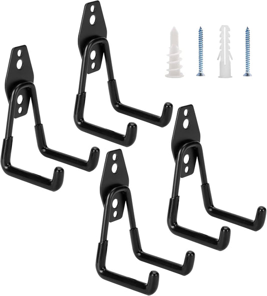 4 Pack Garage Hooks Heavy Duty - Supports 100 lbs, Utility Steel Garage Hanger & Organizer for Organizing Garden Lawn Tools, Ladders, Garden Hose, Digging Shovel, Bikes, Ropes
