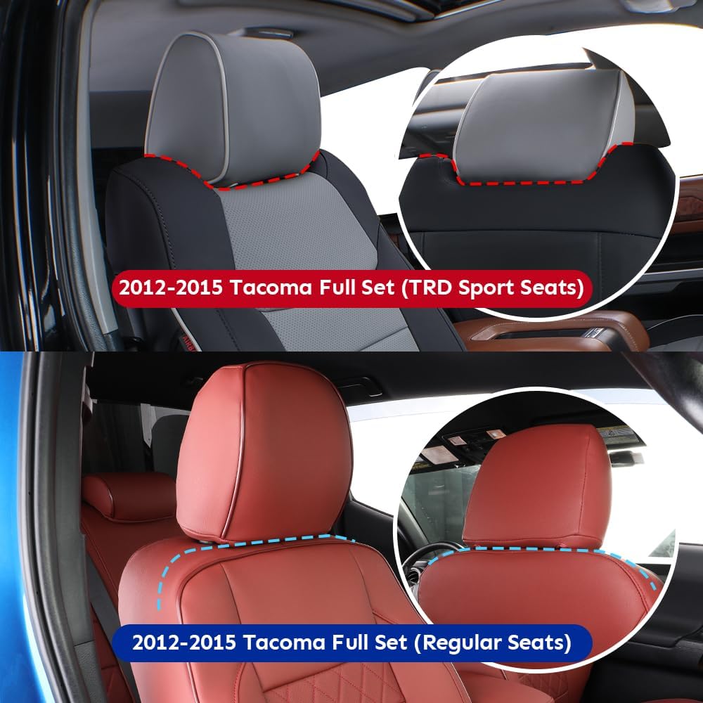 EKR Custom Fit Tacoma Leather Car Seat Covers for Select Toyota Tacoma 2012 2013 2014 2015 (Regular Seats)- Full Set,Leather(Black with Red Trim)