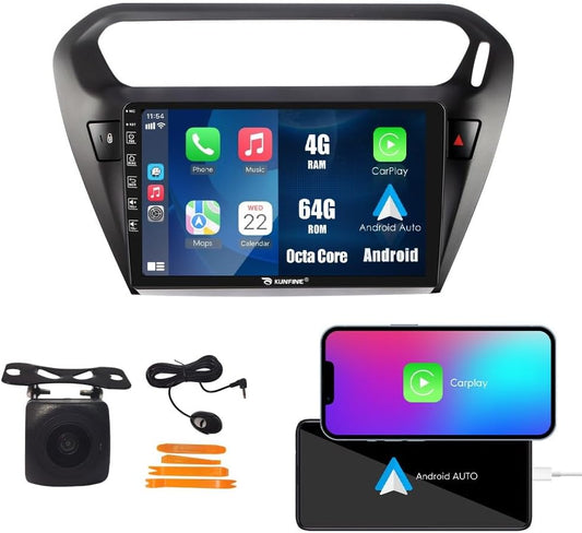 Kunfine Car CarPlay Android Auto Navigation Stereo GPS Radio Reverse Camera Display 9" IPS Touchscreen Headunit Tablet Pad Media Player For Peugeot 301 13-22 if Applicable Octa Core 4G+64G Matte Black
