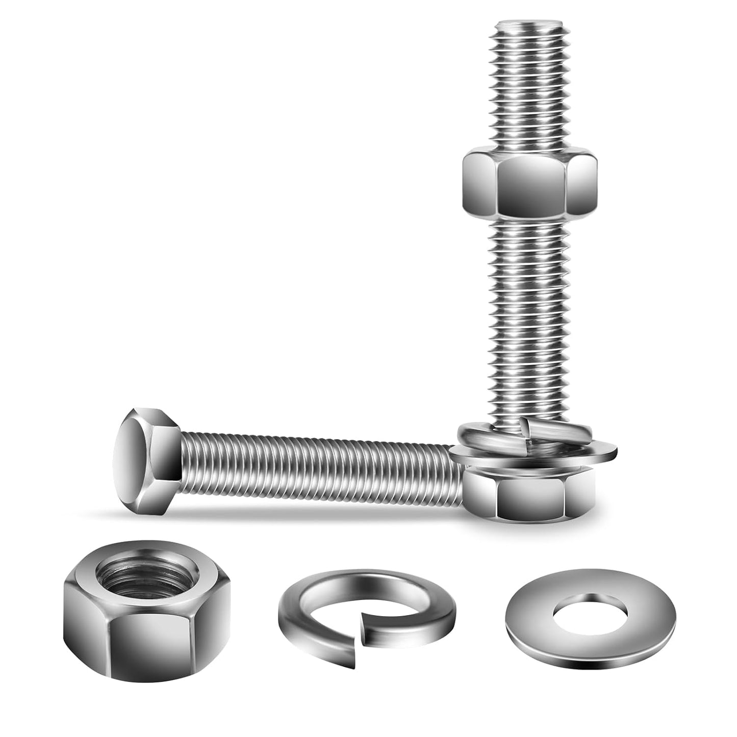 1/2-13 x 4" Hex Head Screw Bolt, Nuts, Flat & Lock Washers, 20Pcs 18-8 (304) Stainless Steel, Fully Threaded, by SG TZH