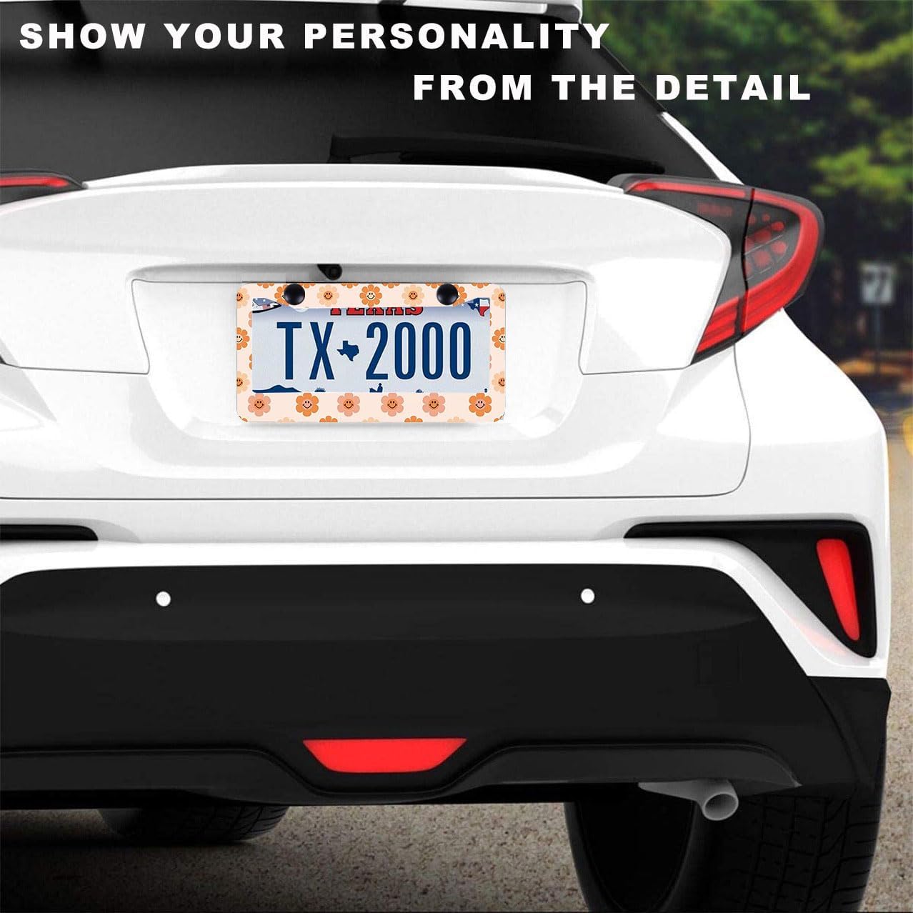 2 Pack Universal Smiley Face Flower License Plate Frame-Rustproof Aluminum Floral License Plate Frames for Women Men Fits All Vehicles, with Anti-Theft Screw Caps Included
