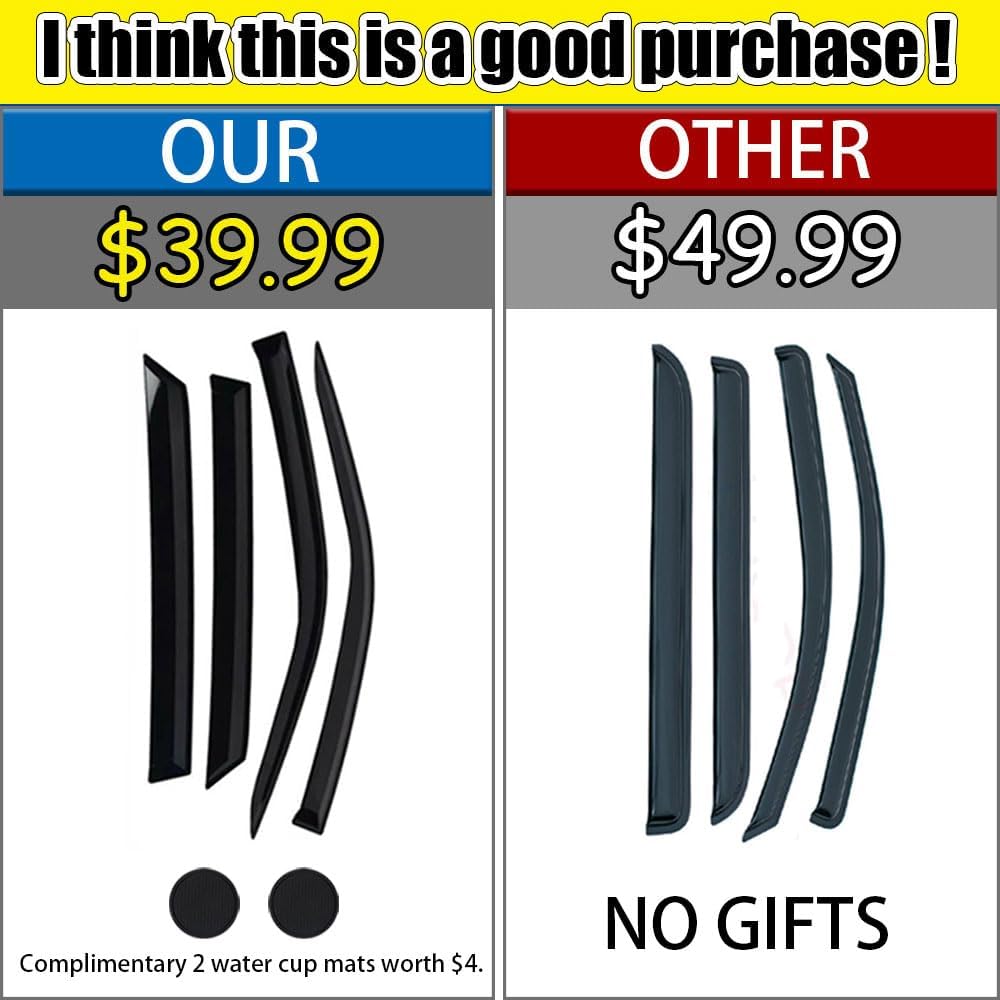 Rain Guards for Seltos 2021-2023, Tape-on Side Window Deflectors, Window Visors for Kia Cars - 4 Rain Guards & 2 Car Coasters