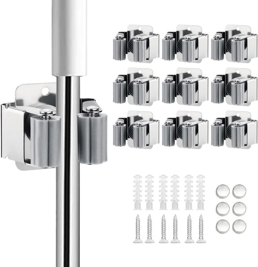 9PCS Broom and Mop Holder, Heavy Duty Garden Tool Organizer Rack Rake and Shovel Handle, Stainless Steel Mop Hanger. Screws for Wall Mounted. Silver.