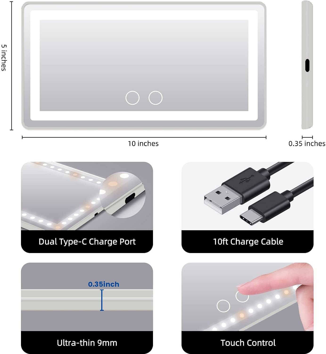 Car Sun Visor Vanity Mirror, Rechargeable Makeup Mirrors with 3 Light Modes & 60 LEDs- Dimmable Clip-on Rear View Sun-Shading Cosmetic Mirror with Touch on Screen, Universal for Truck SUV(Grey)