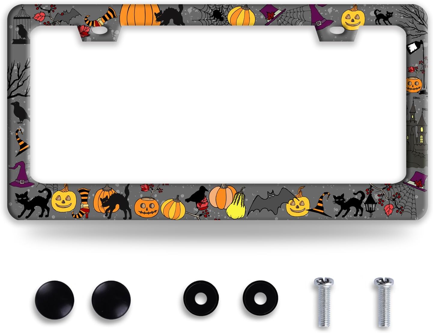 Halloween Pumpkin Cat License Plate Frame Bat Spider License Plate Holder Funny Stainless Steel Accessories Cars Decor with 2 Holes and Screws Fits Standard Us Ca Vehicles 12.2 X 6 Inch