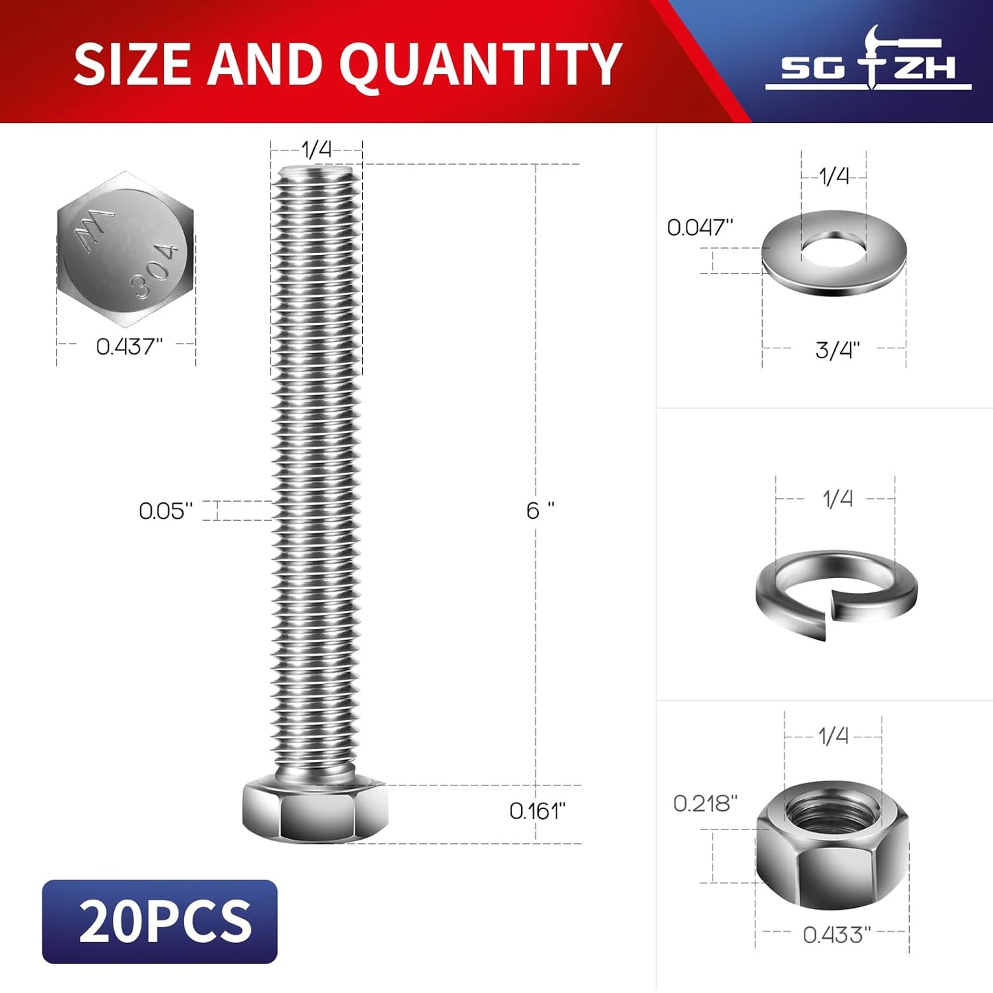 1/4-20 x 6" Hex Head Screw Bolt, Nuts, Flat & Lock Washers, 20Pcs 18-8 (304) Stainless Steel, Fully Threaded, by SG TZH