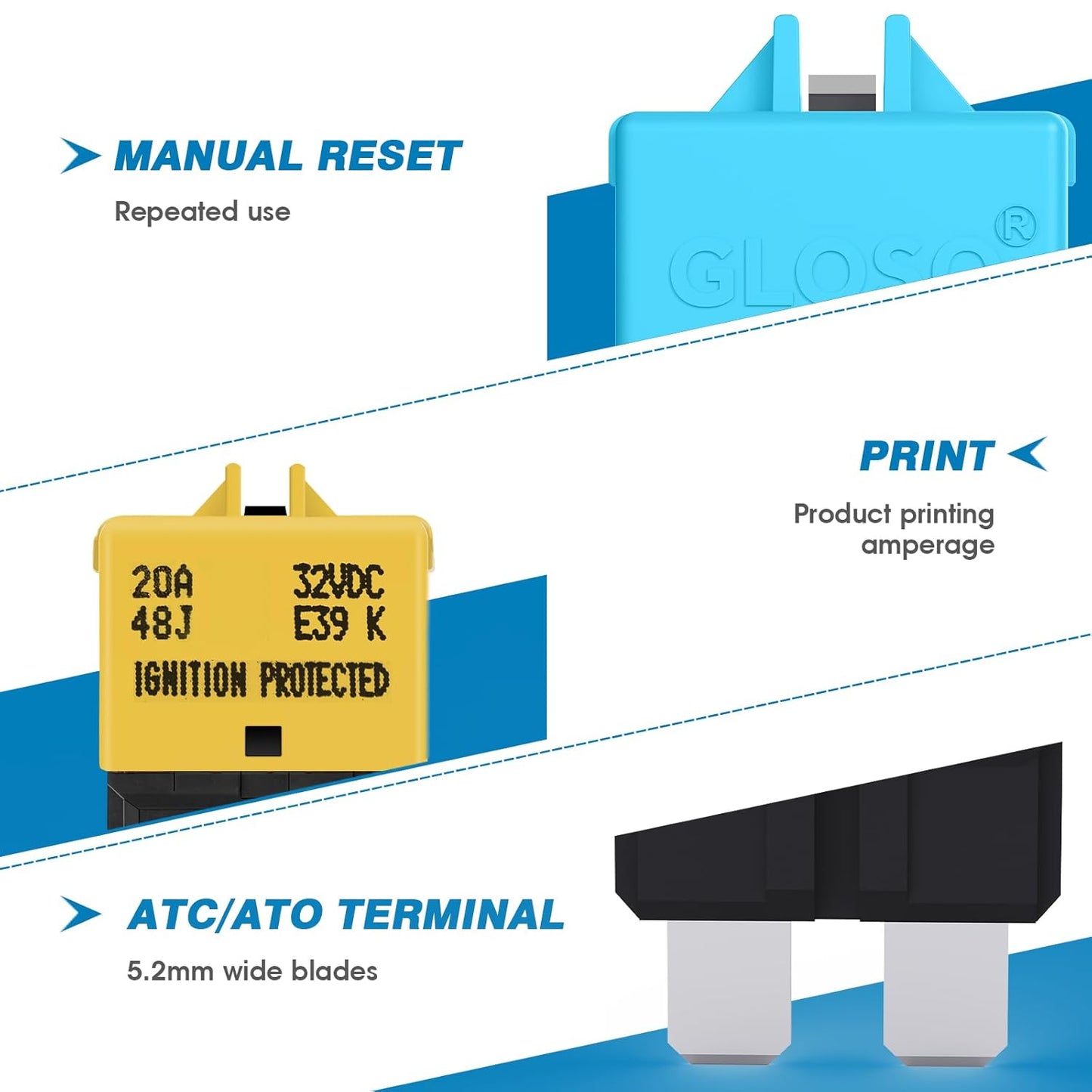 GLOSO Circuit Breakers E39 Manual (T3) Reset Low Profile ATC/ATO (6A - 25 Pack)