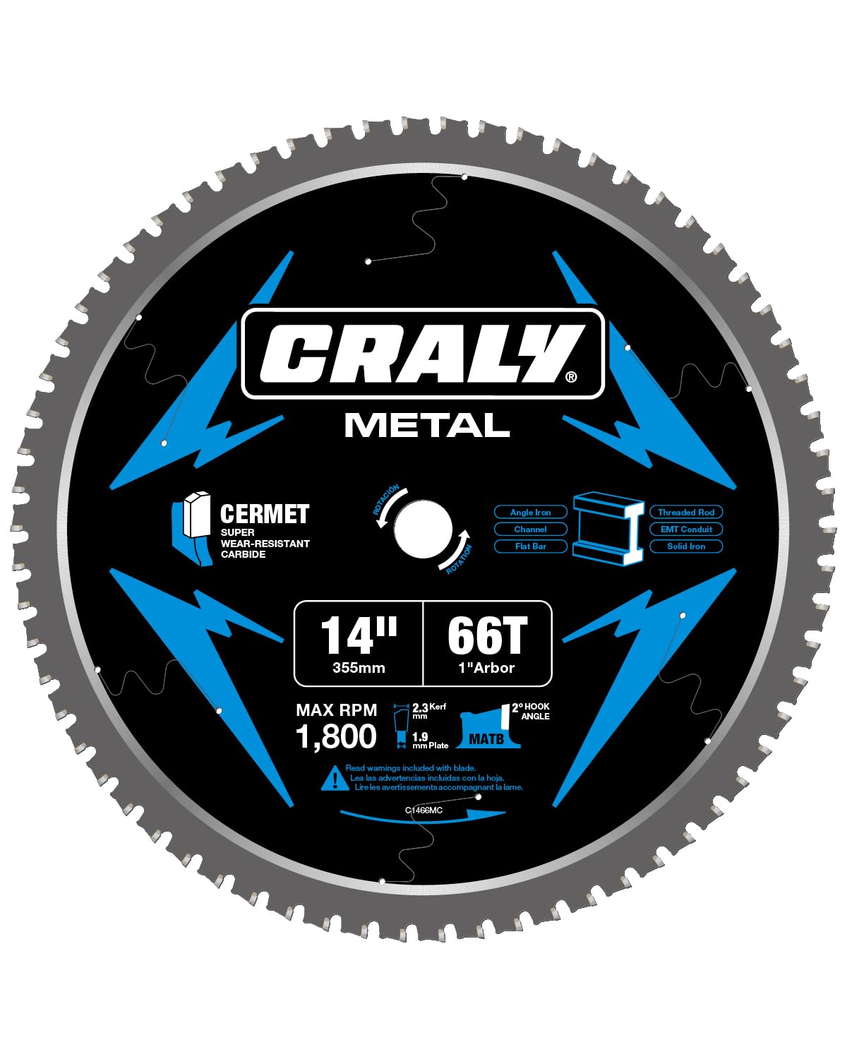 CRALY 14 Inch 66 Teeth Steel and Ferrous Metal Cutting Circular Saw Blade, 1 Inch Arbor, Thin Kerf, Professional Cermet Carbide Tipped Blade for Angle Iron, Threaded Rod, EMT Conduit(C1466MC)