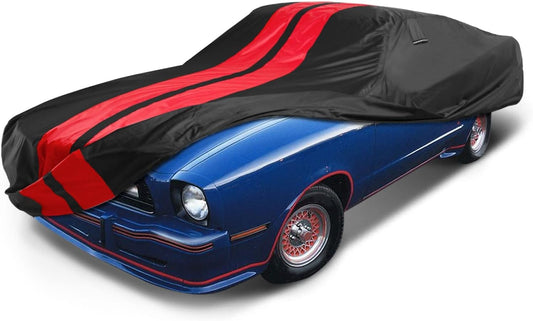 iCarCover Custom Car Cover for 1974-1978 Ford Mustang Waterproof All Weather Rain Snow UV Sun Protector Full Exterior Indoor Outdoor Car Cover (Stripe - Black/Red)