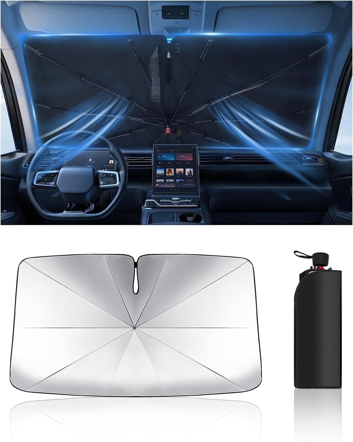 Foldable Windshield Sun Shade Umbrella – Reflective Car Window Cover for Front Windshield, Heat Blocker for SUV, Truck, Sedan – Easy Storage with Bendable Handle