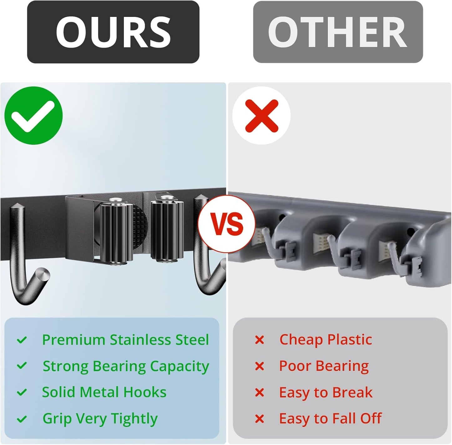 ZONGOOL 2 Pack Mop Broom Holder Wall Mount, Broom Organizer Storage Tool Racks Stainless Steel Self Adhesive Heavy Duty Hooks for Home Kitchen Garden (3 Racks with 4 Hooks, Black)