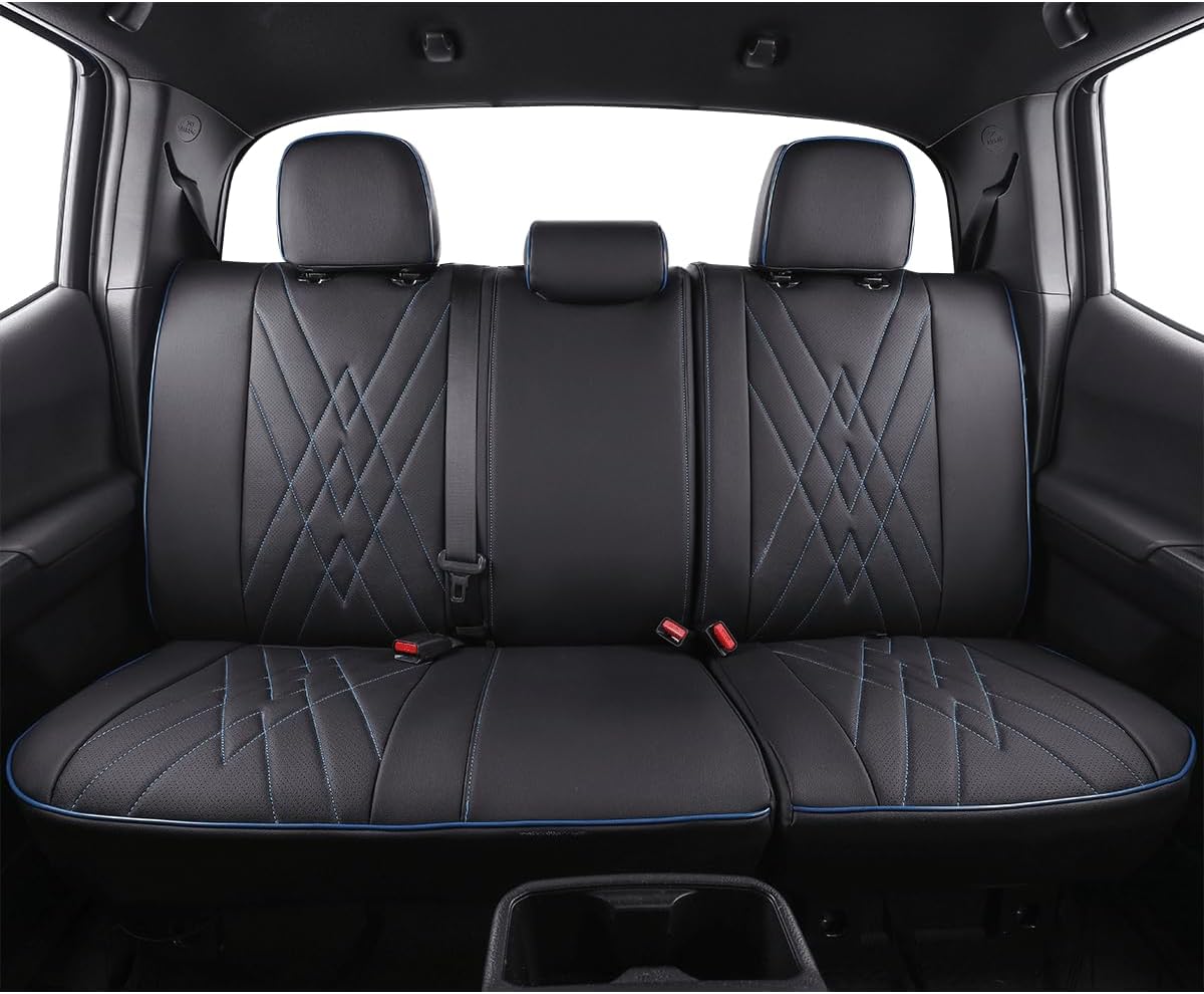 EKR Custom Fit Tacoma Car Seat Covers for Select Toyota Tacoma 2016 2017 2018 2019 2020 2021 2022 2023 Access Cab -Full Set,Leather (Black with Blue Trim)