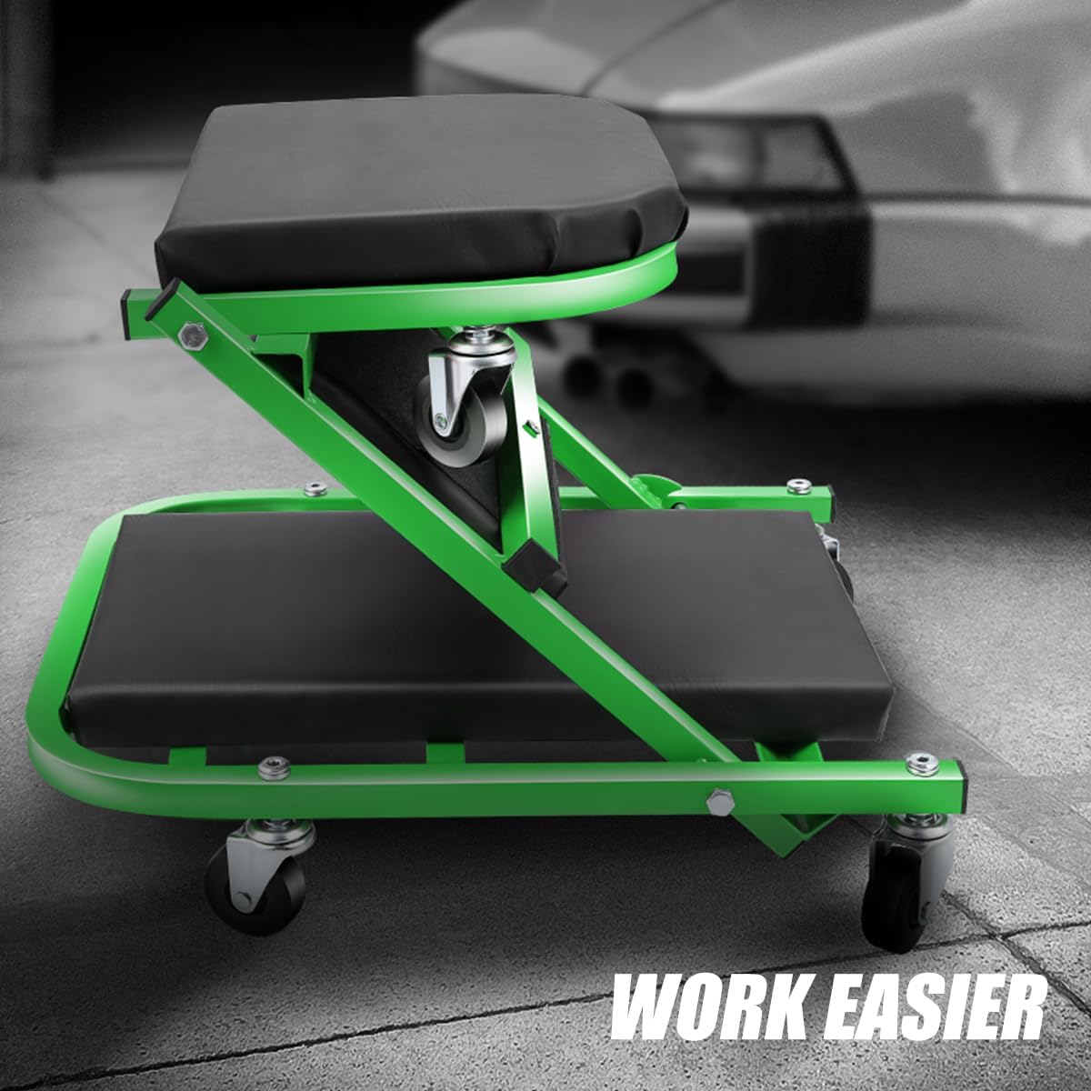 DNA MOTORING 40 Inches Folding 2 in 1 Rolling Z Creeper, Adjustable Roller Garage Chair Lay Down or Sit, 6 Pcs 2" Casters, 150kg Weight Capacity, Green, TOOLS-00187-GR