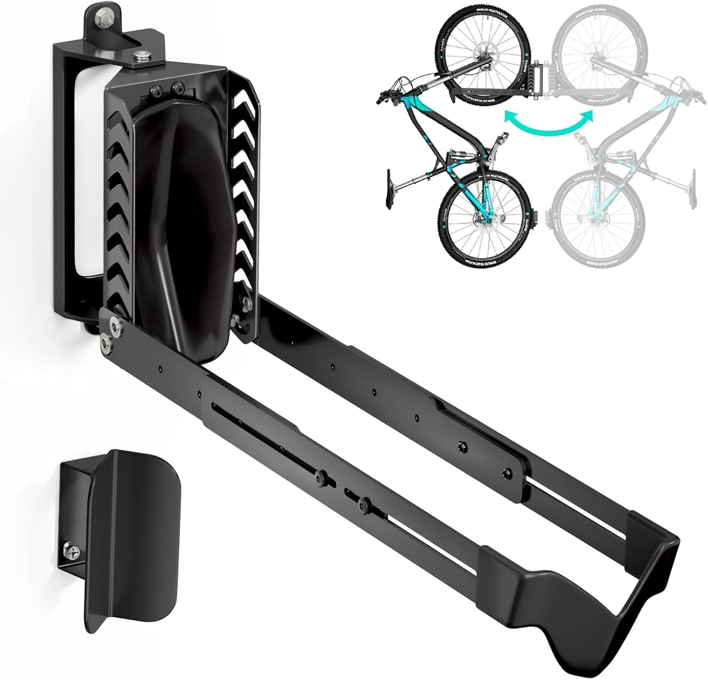 Swivel Bike Rack Wall Mount, Bike Hangers for Garage, Space-Saving Vertical Bike Holder, Holds up to 77 lbs, Bicycle Wall Hanger Storage, No Heavy Lifting Required Indoor Hanging Bike Rack-Black