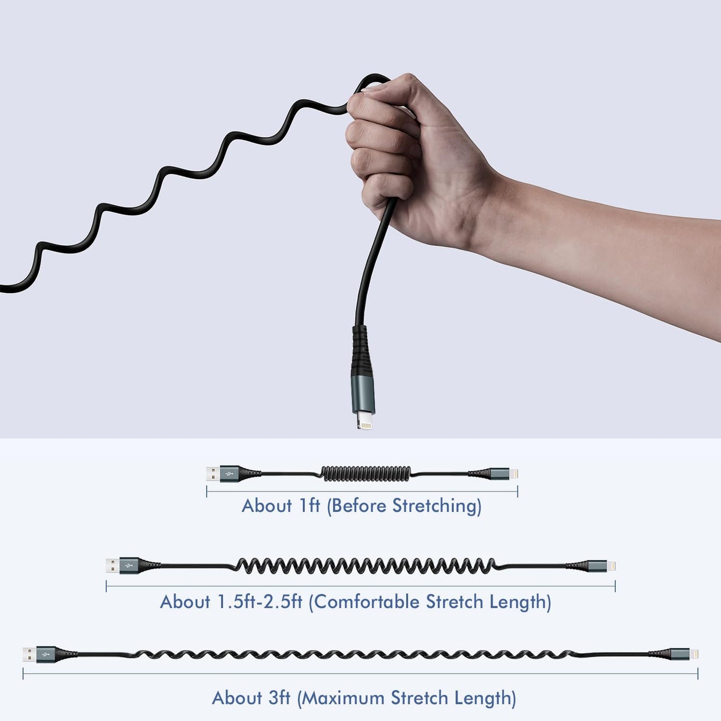 Heartbeats Coiled Lightning Cable 3FT 2 Pack MFi Certified Car iPhone Charger Cable，USB to Lightning Cable Compatible with iPhone 14/13/12/11 Pro Max/XS Max/XR/X/8/7/iPad