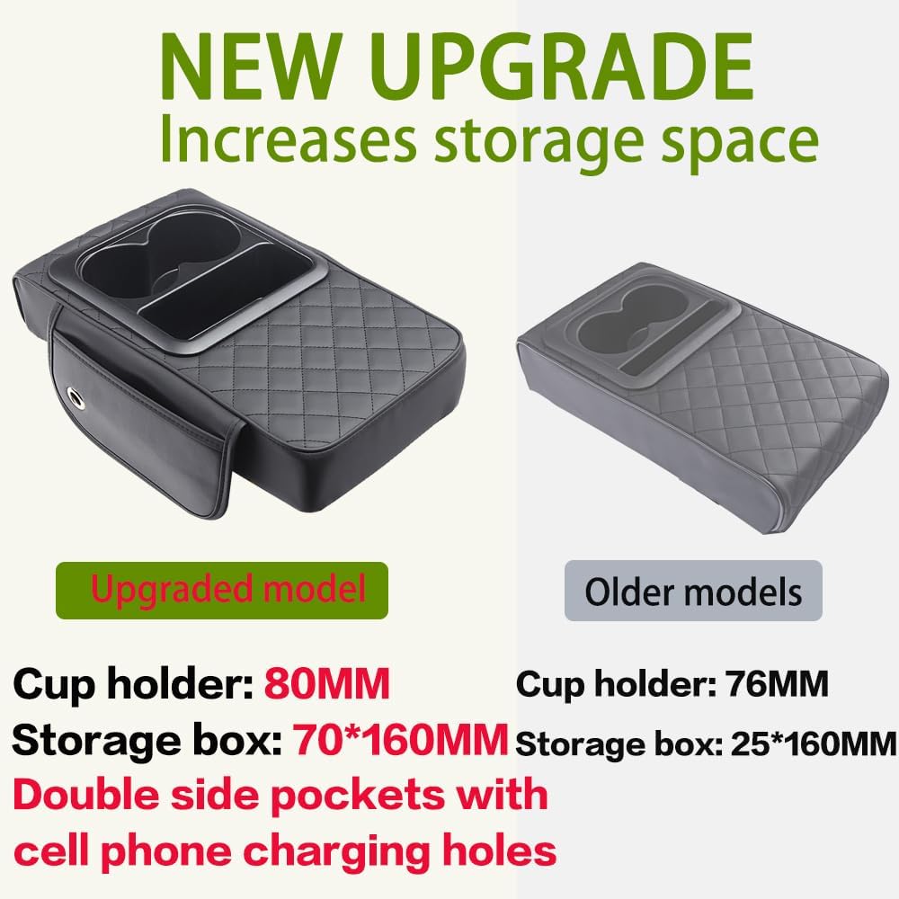 Universal Car Armrest Cushion Organizer - PU Leather Center Console Pad with Cup Holder, Phone Storage & Side Pockets, Multifunctional Armrest Cover for Most Vehicles
