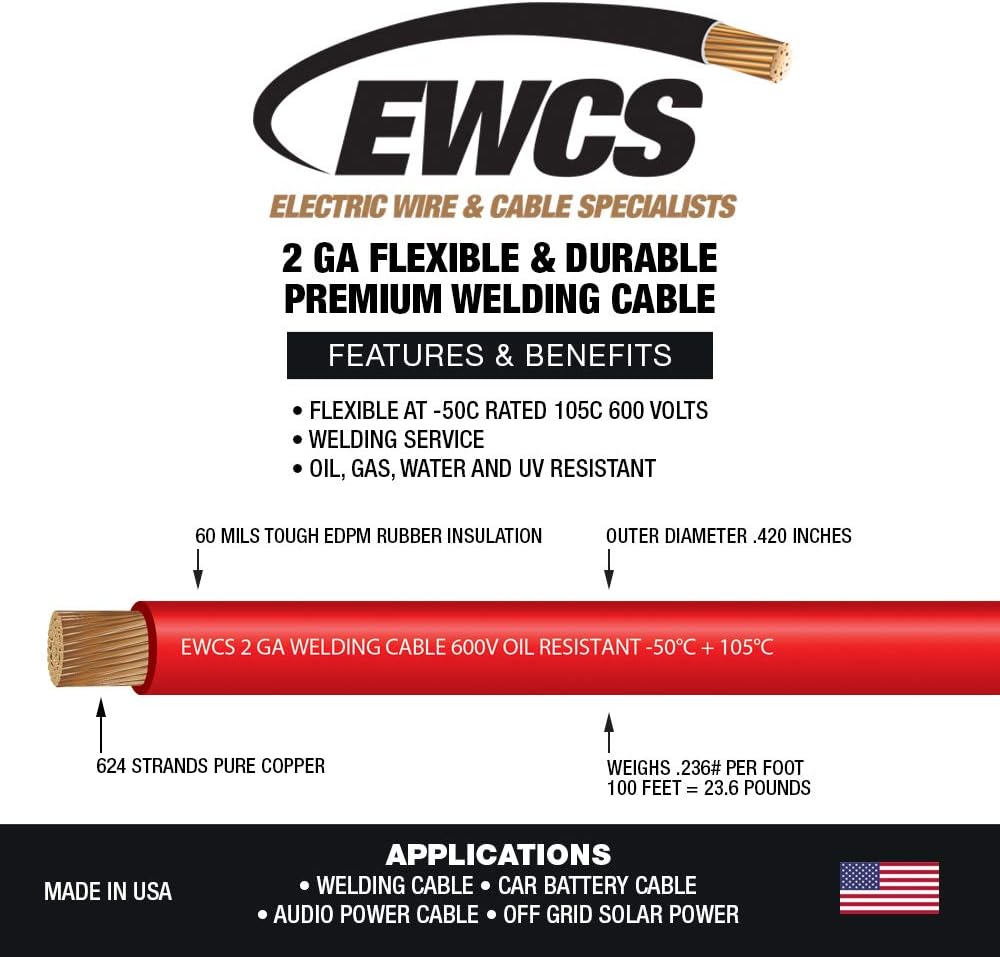 EWCS 2 Gauge Premium Extra Flexible Welding Cable 600 Volt - Red - 15 Feet - Made in The USA