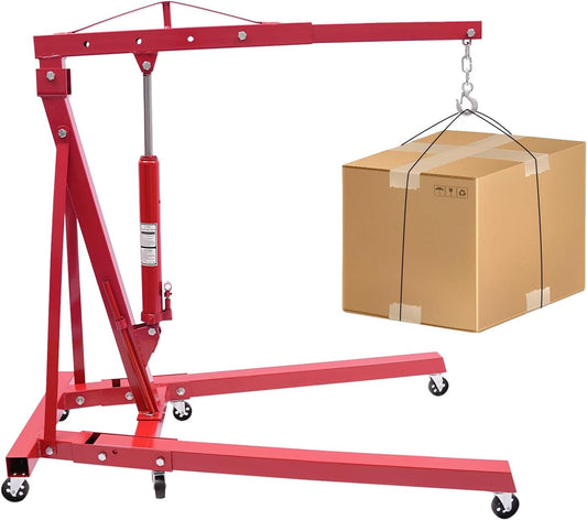 Folding Engine Hoist 2 Ton Engine Crane Lift with 6 Caster Wheels 4400LBS Steel Hydraulic Engine Crane 4 Adjustable Positions for Car Fixing Workshops Garages Warehouse(Sent in 2 Packages) (Red 1T)
