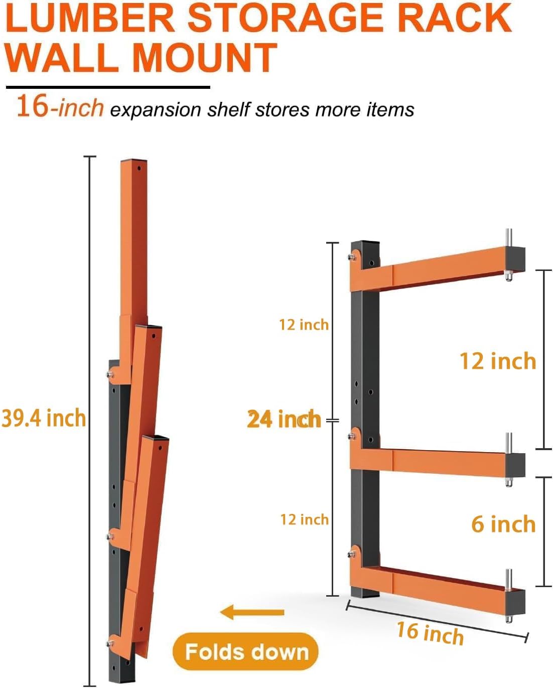 Lumber Storage Rack Wall-Mounted Lumber Racks Heavy Duty Wood Storage Rack with 9-Level Holds Up 1080 LB Sturdy Folding Garage Wood Organizer Orange Shelving Metal Shelf for Indoor & Outdoor- 6 Pack